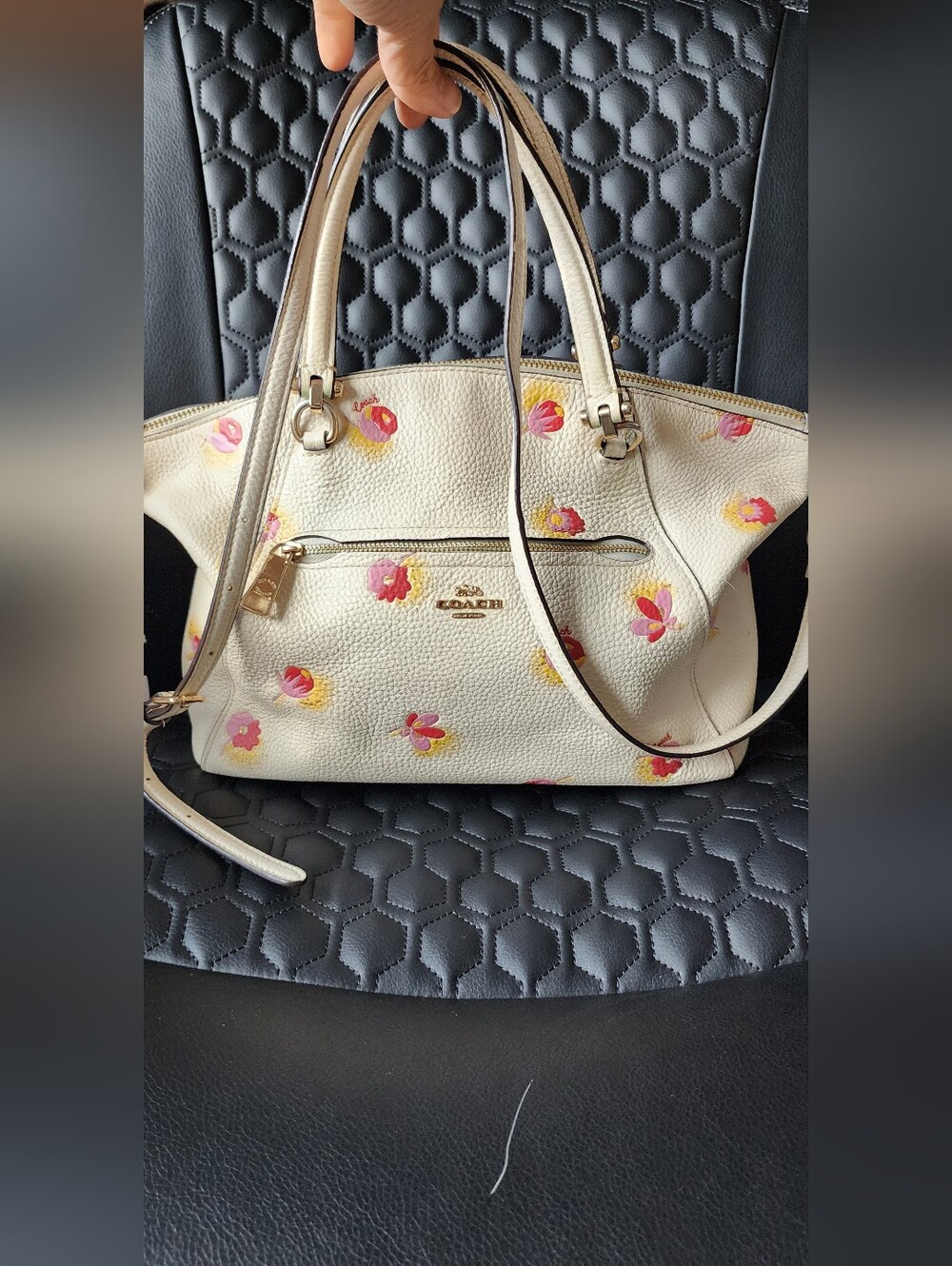 Coach Cream Floral Pebbled Leather Satchel with Pink & Yellow Accents